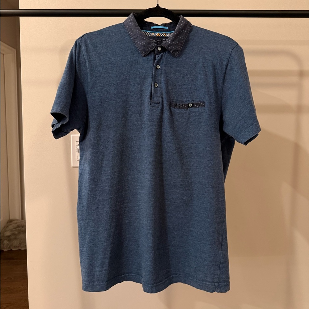 Denim & Flower Navy Polo Shirt with Patterned Collar